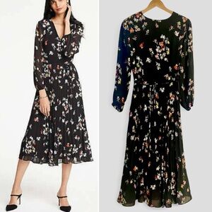 Ann Taylor Meadows Black Floral Pleated Midi Dress, EUC